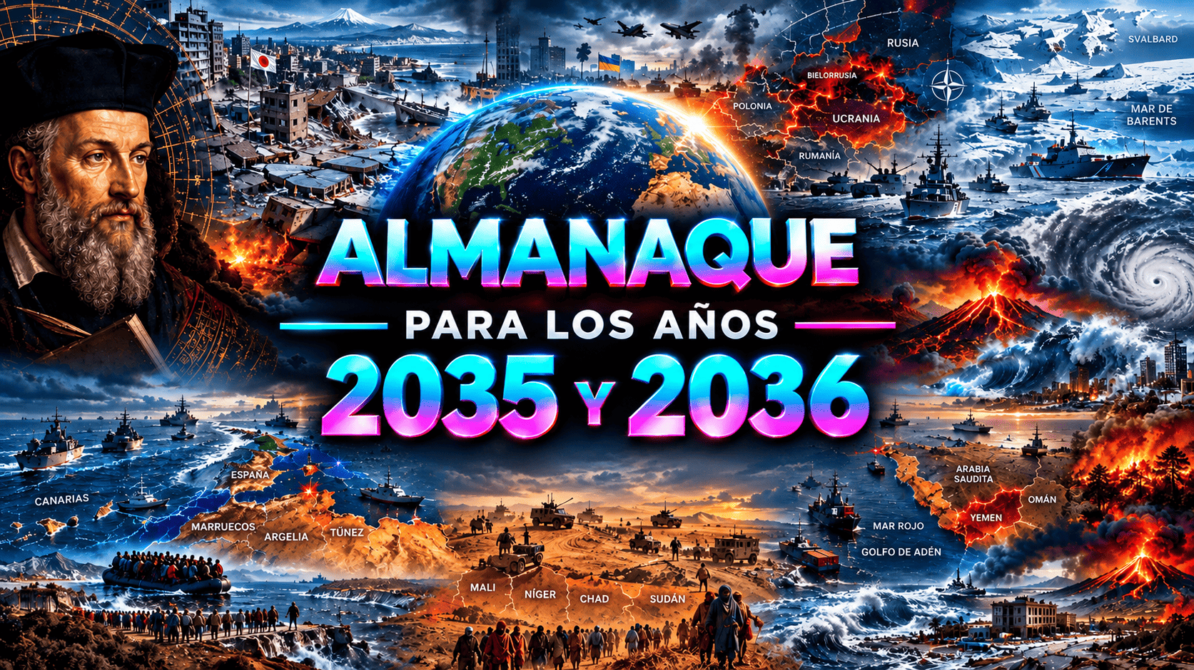 Mapa del almanaque de Nostradamus 2035-2036 con los puntos sísmicos y geopolíticos señalados