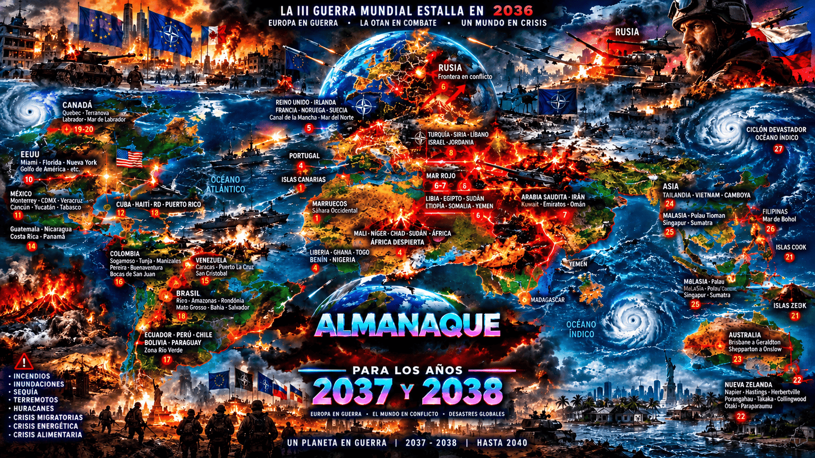Mapa del almanaque de Nostradamus 2037-2038 con los puntos sísmicos y geopolíticos señalados
