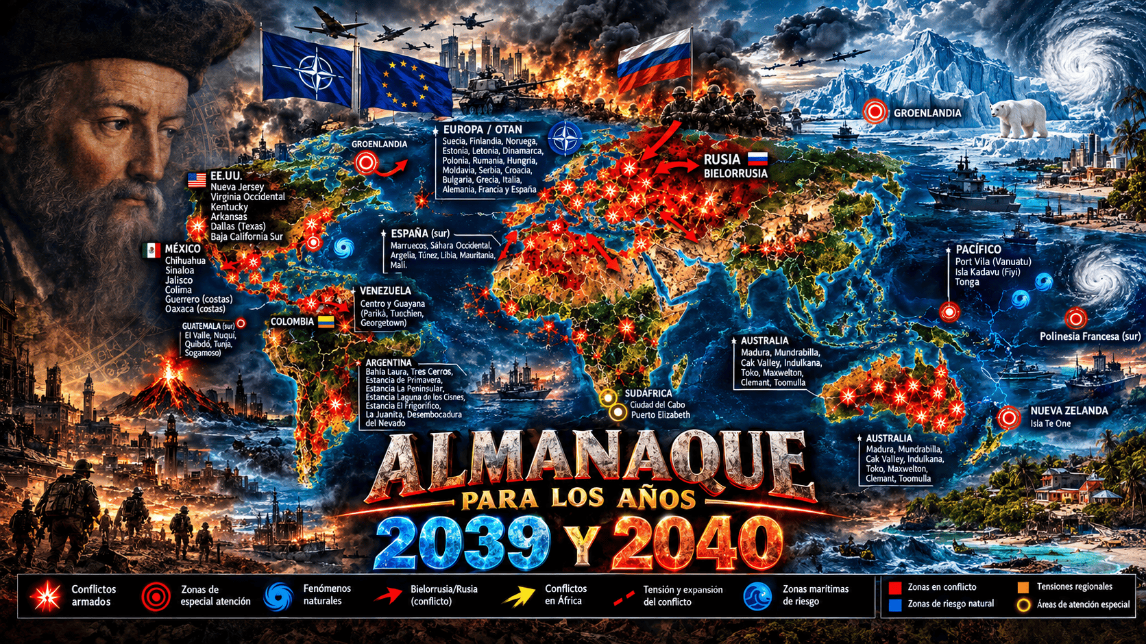 Mapa del almanaque de Nostradamus 2039-2040 con los 12 puntos sísmicos y geopolíticos señalados