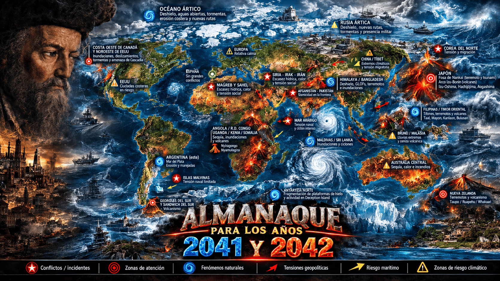 Mapa del almanaque de Nostradamus 2041-2042 con los 22 puntos sísmicos y geopolíticos señalados